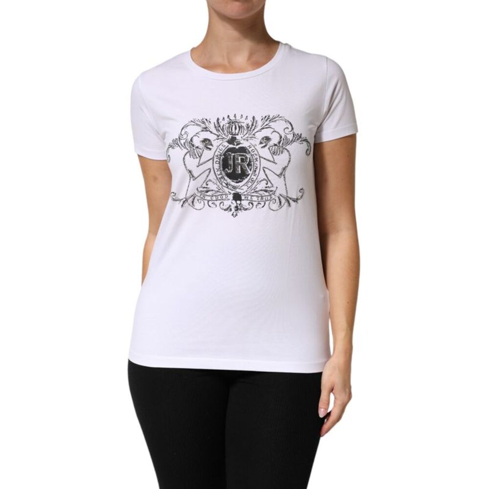 John Richmond White Printed Cotton Stretch Crew Neck Women's T-shirt